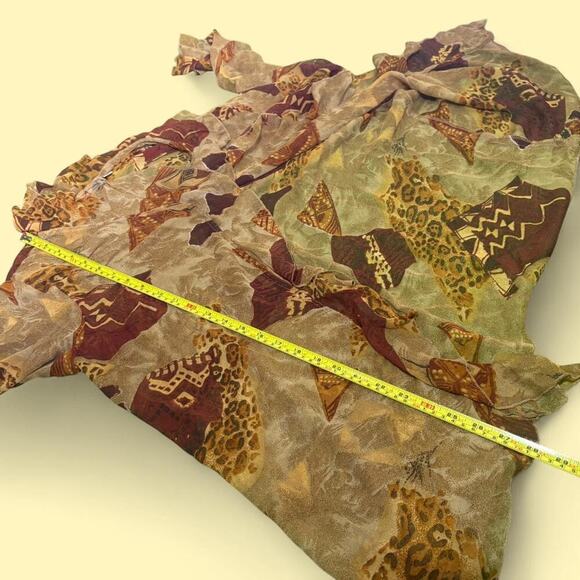 VTG 90s Sz 14 Sheer Earthy Cardigan Shrug Ruffle Trim Cover Up Leopard Print - Picture 6 of 7